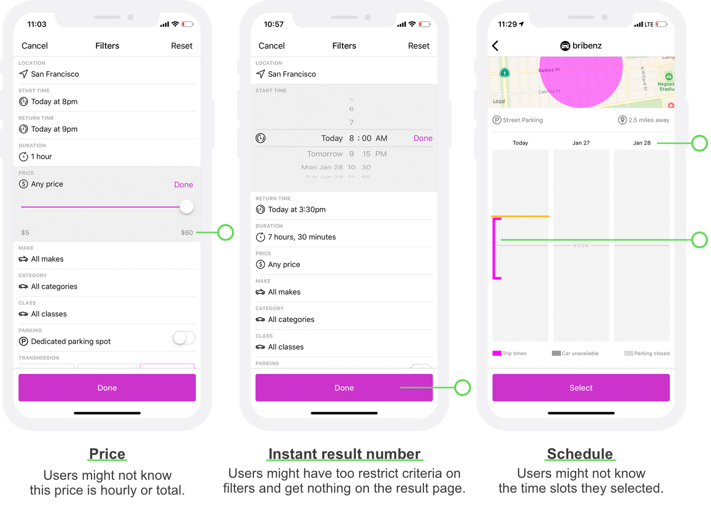 The left screen shows a price range but doesn't say it's hourly or a totla price; The middle screen shows the filter page; The right screen shows the car schedule without the time.