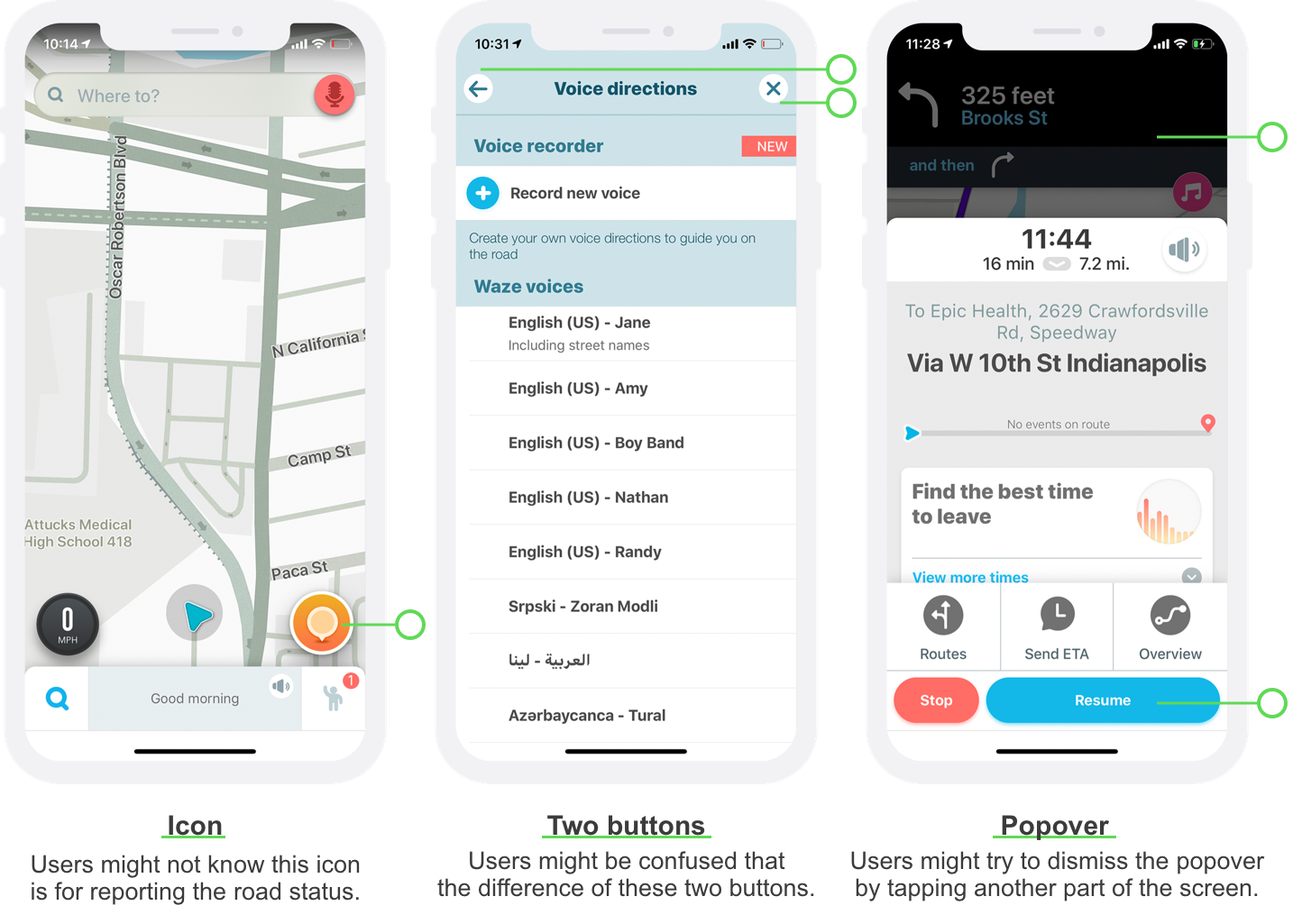 The left screen shows an orange icon for reporting the traffic status; The middle screen shows two buttons on the navigation bar with the same function; The right screen shows a popover, which is dismissed by clicking on the Resume button at the bottom of the popover.