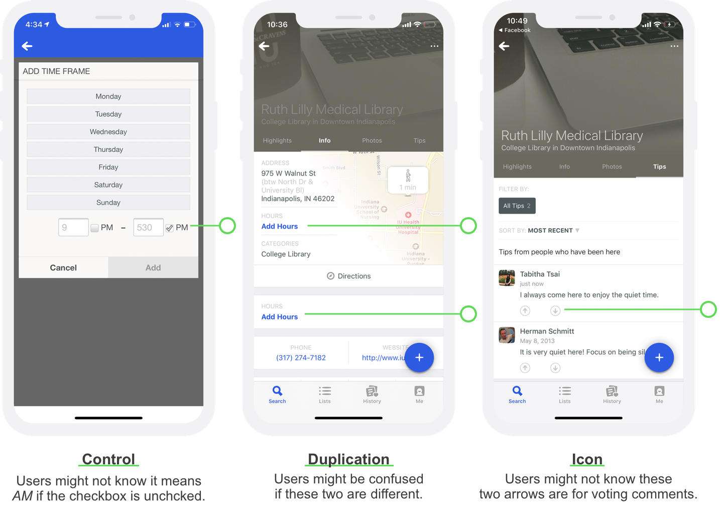 The left screen shows a checked checkbox and a label (PM) next to it; The middle screen shows two places to add hours; The right screen shows upward and downward arrows for voting comments