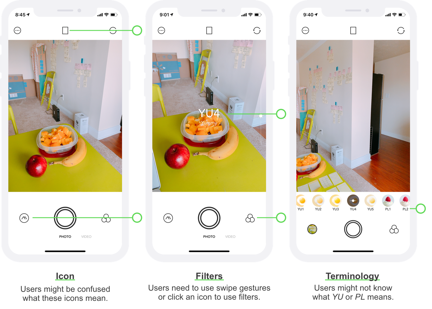 The left screen shows 5 icons with no description; The middle screen shows an icon at the bottom-right corner to show filter options; The right screen shows abbreviation terms for filters. For example, YU and PL.