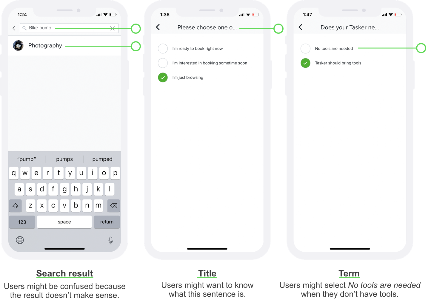 The left screen shows 'bike pump' at the search bar and 'photography' at the search result; The middle screen shows an incompleted sentence: please choose one o...; The right screen shows 'No tools are needed' as one option.