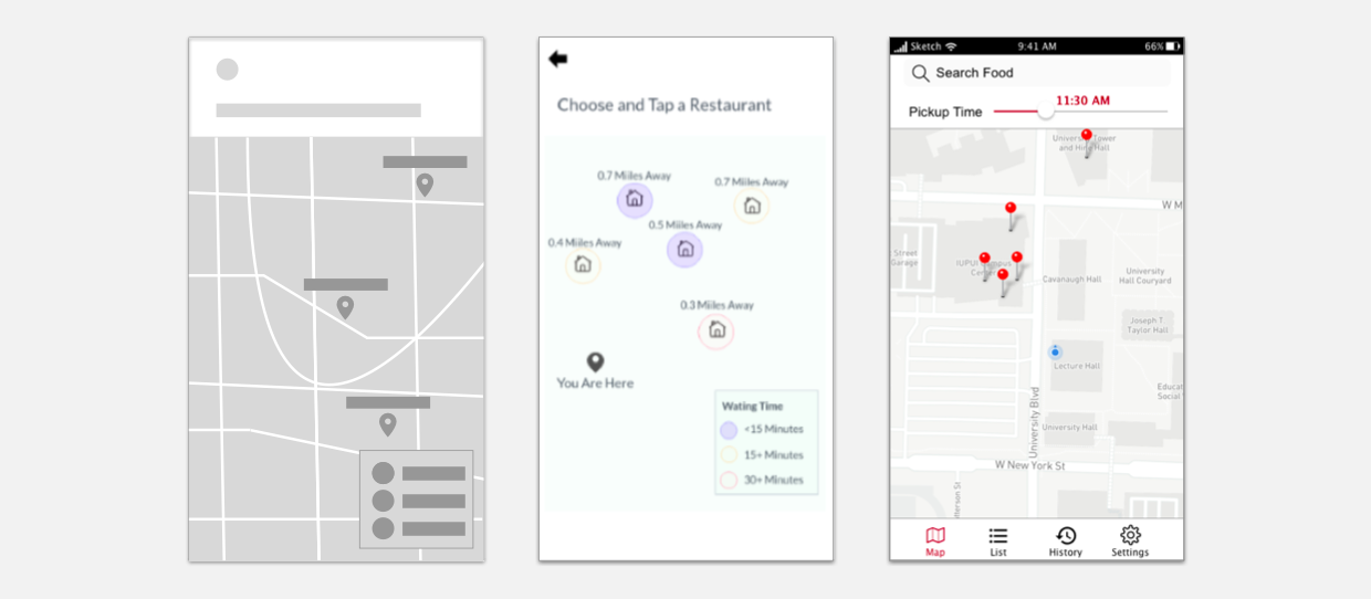an evaluation of a map screen from wireframe, to low-fidelity and high-fidelity prorotypes